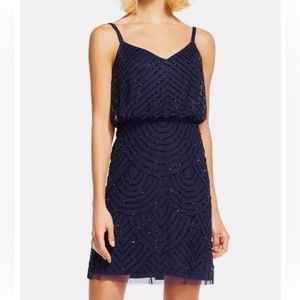 Adrianna Papell Beaded Blouson Sleeveless Navy / Black Tank Formal Dress